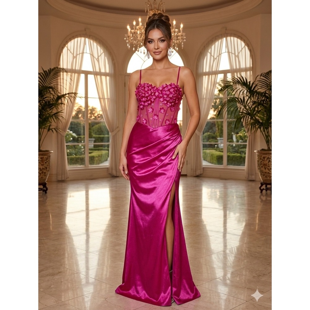 Stacees Fuchsia Satin 3D Floral Corset Gown S8318P Prom Formal Dress Custom Size